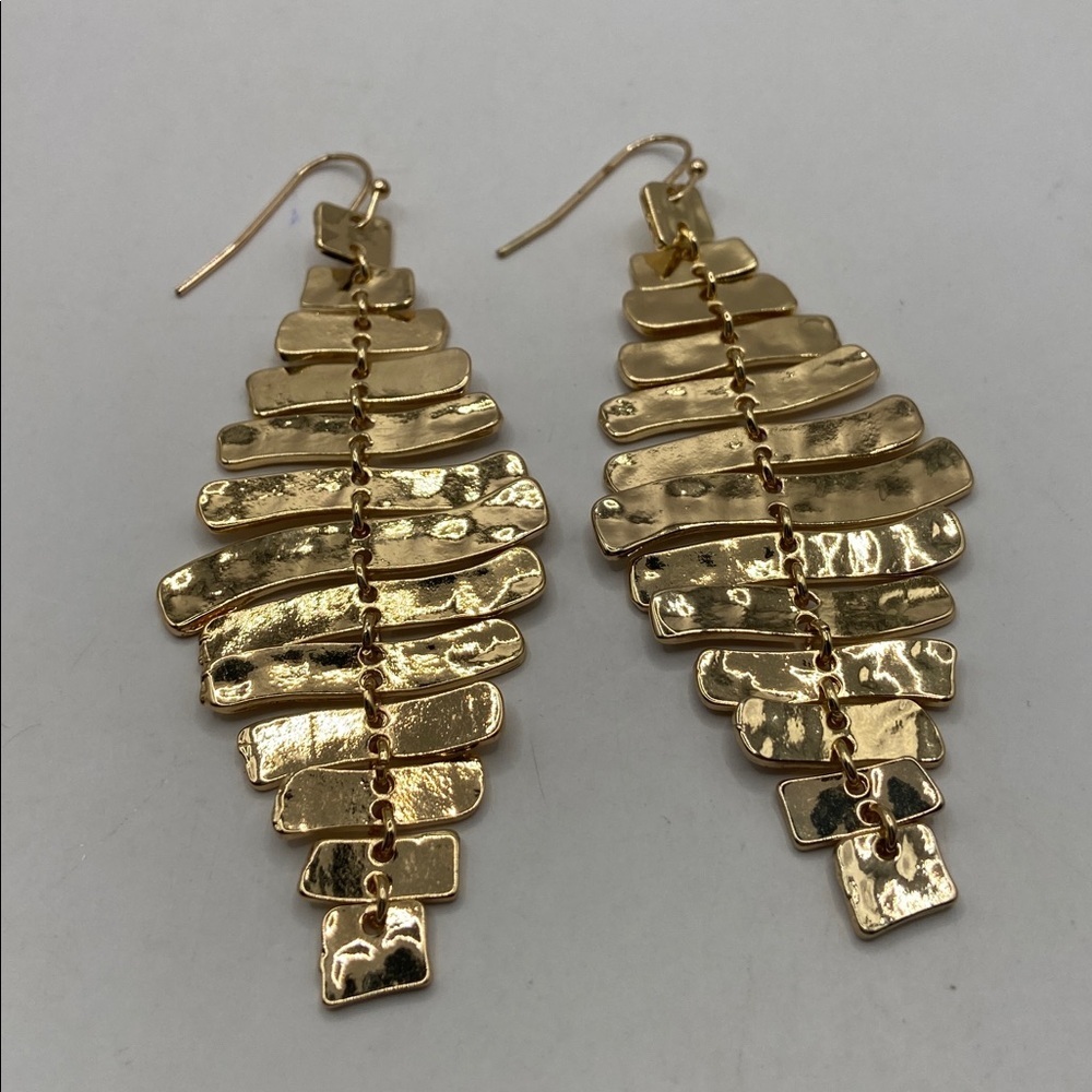 Gold Tone Fishbone Ladder Dangle Earrings Whimsygoth Wedding Guest 3”L - Picture 5 of 8